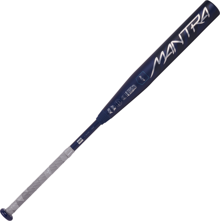 The 2025 Rawlings Mantra (-10) Fastpitch Softball Bat: RFP4M10 (DEMO) stands out with its eye-catching silver and blue design.
