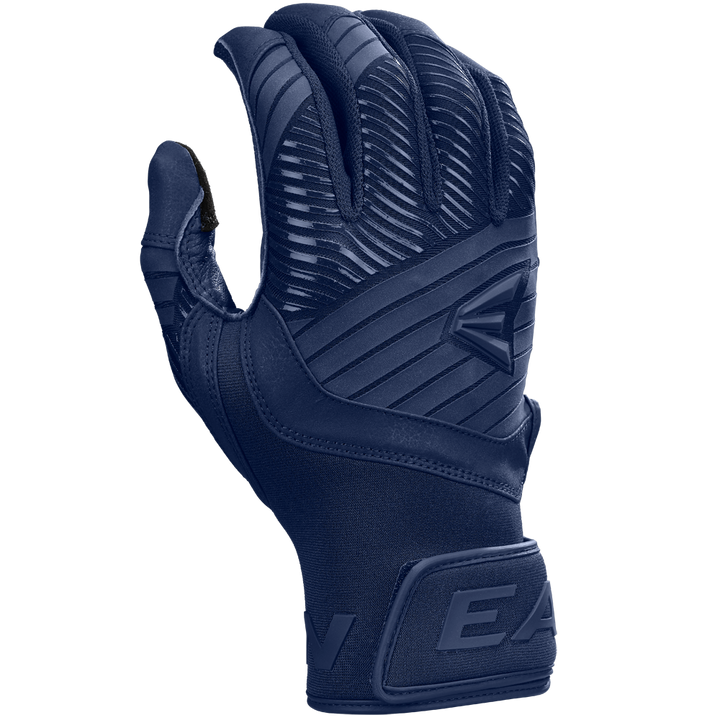 A dark blue Easton Walk Off Ethos Youth Batting Glove (WO25YBG) with textured back, reinforced padding, and wrist Velcro strap featuring "EA" letters. The durable glove is shown palm-away. Brand: Easton.