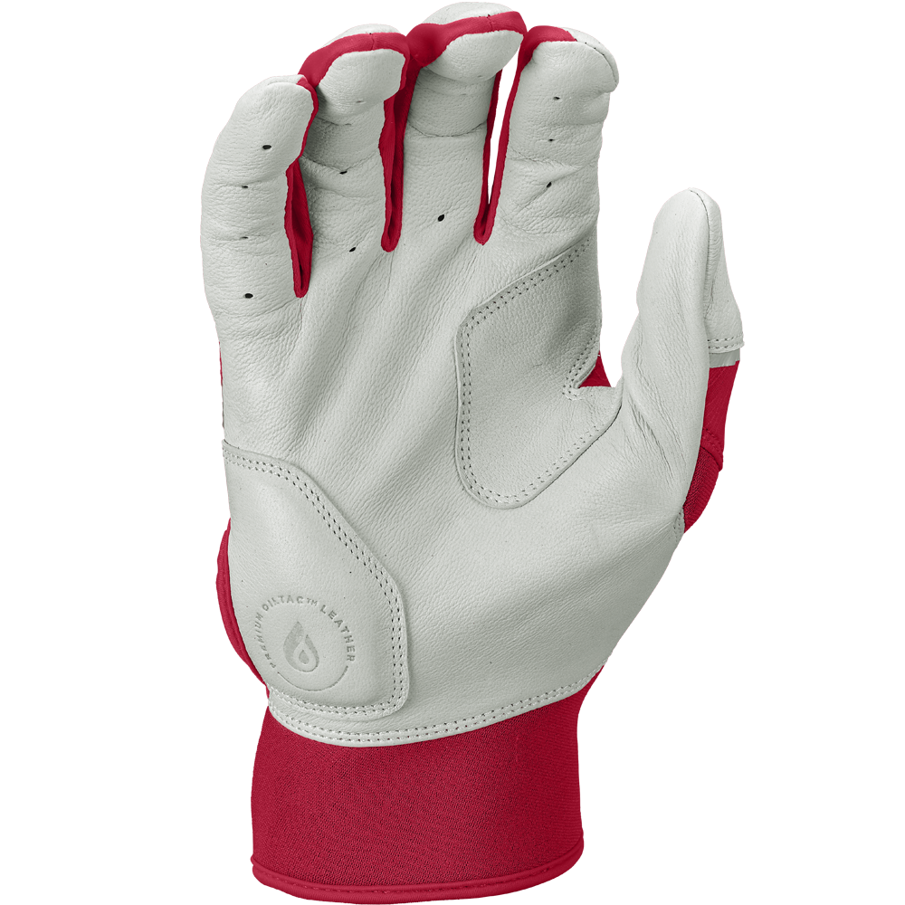 The Rawlings Workhorse Youth Batting Glove (WH25YBG) features a light gray Oiltac leather palm and red fabric on the sides and cuff, displayed with the palm facing forward and fingers slightly curled.