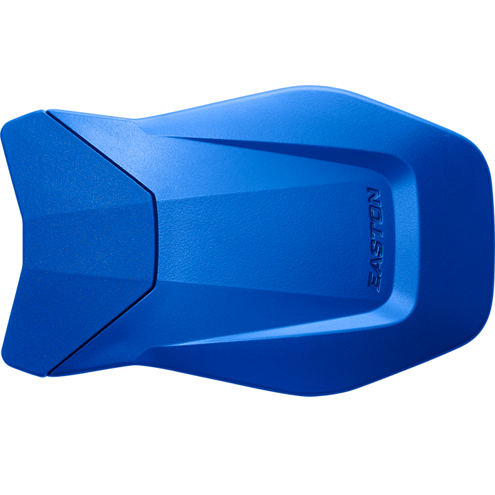The Easton Multi-Adjust Jaw Guard: MULTIADJG is a blue plastic jaw guard with a sleek, angular design and the Easton name embossed on its smooth surface.
