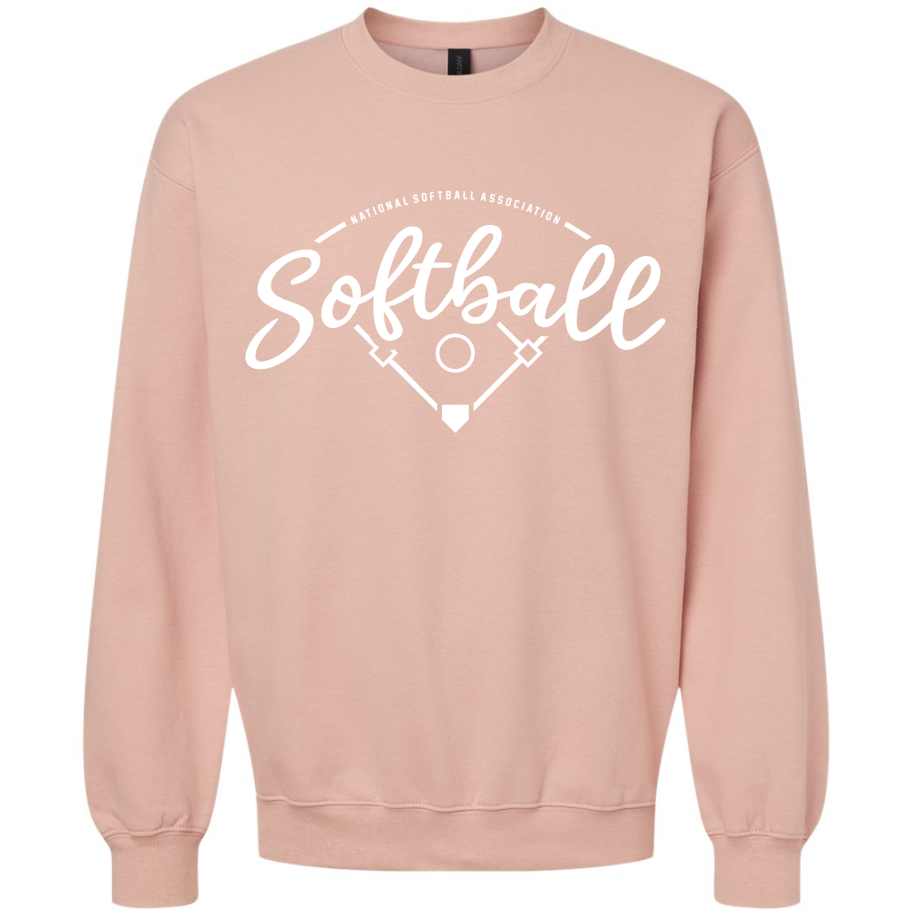 The NSA Vintage Softball Crewneck Sweatshirt by DSG Apparel features "Softball" and "National Softball Association" in white above a softball field graphic on light pink, made from cozy ring spun cotton.