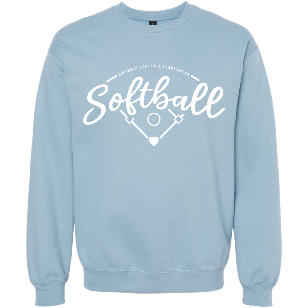 The DSG Apparel NSA Vintage Softball Crewneck Sweatshirt features a light blue Softstyle fleece with “Softball” and “National Softball Association” in white above a softball diamond graphic. Made from comfortable ring spun cotton.