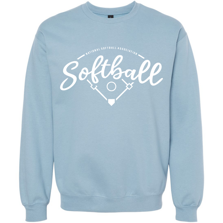 The DSG Apparel NSA Vintage Softball Crewneck Sweatshirt features a light blue Softstyle fleece with “Softball” and “National Softball Association” in white above a softball diamond graphic. Made from comfortable ring spun cotton.