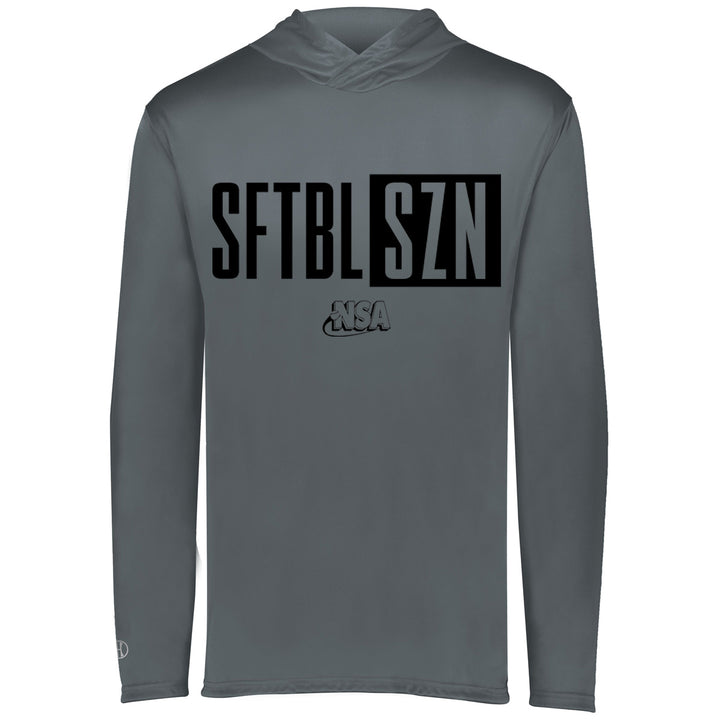 The NSA Softball Season Momentum Lightweight Hoodie by DSG Apparel is a gray long-sleeve shirt with bold black "SFTBL SZN" text, the "SZN" in a box, and an NSA logo—ideal for National Softball Association fans.