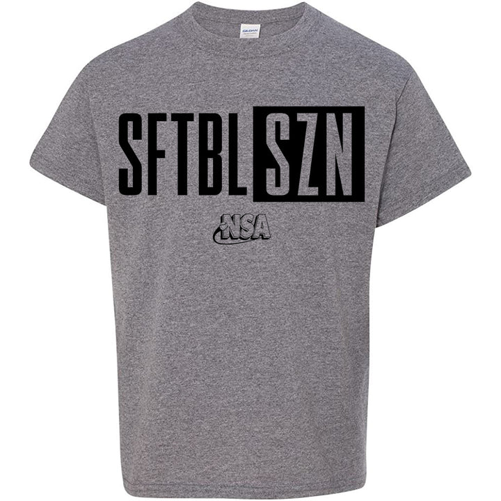 The DSG Apparel NSA Softball Season Short Sleeve Shirt is gray with "SFTBL SZN" in bold black letters and smaller National Softball Association (NSA) text beneath in a stylized font.