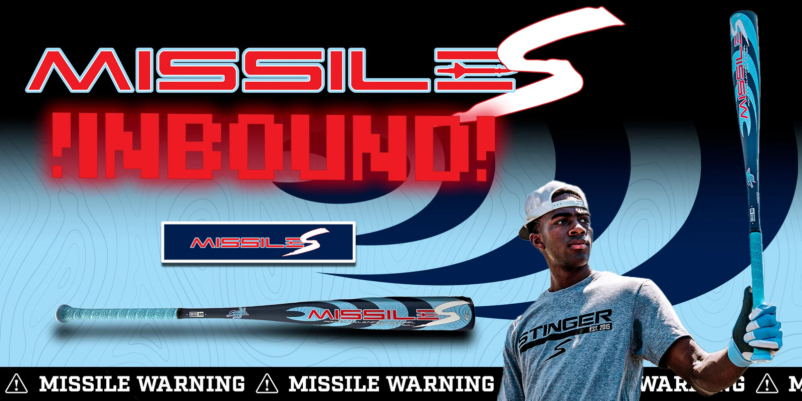 A baseball player holds a blue and black bat labeled MISSILE S. Bold red text says !INBOUND! with a large MISSILE S logo above and a MISSILE WARNING banner at the bottom.