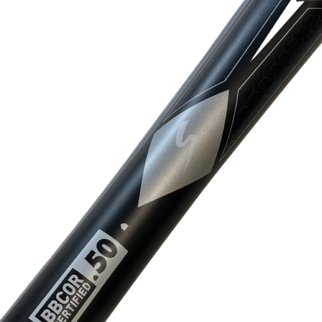 Close-up of the 2022 Stinger Guardian (-3) BBCOR Baseball Bat by Stinger Sports, featuring a balanced swing weight, .50 BBCOR label, and a silver geometric barrel design.