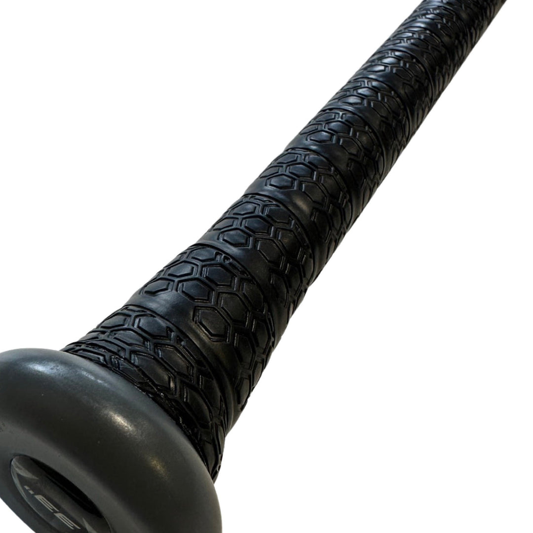 Close-up of a 2022 Stinger Guardian (-3) BBCOR Baseball Bat (GUARDB) by Stinger Sports, featuring a hexagonal textured grip and round knob for balanced swing weight and secure hold.