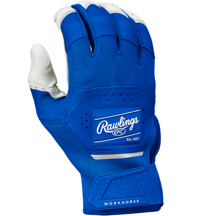 A blue and white Rawlings Workhorse Adult Batting Glove (WH25BG) with Oitac leather for enhanced grip, "Rawlings Est. 1887" on the back, and "Workhorse" on the wrist strap, palm facing away.
