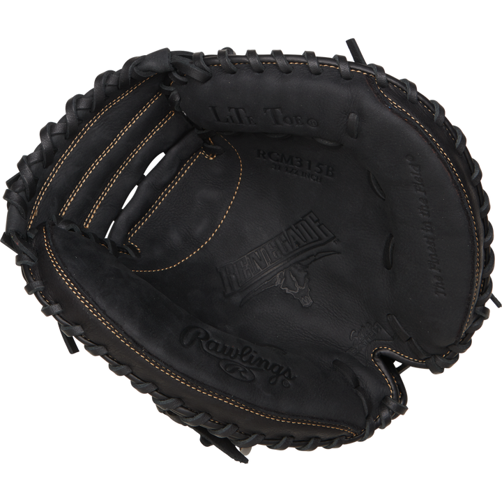 The Rawlings Renegade 31.5" Baseball Catcher's Mitt (RCM315B) is a black youth mitt with tan stitching, embossed palm logos, and a partially open web for a game-ready feel.