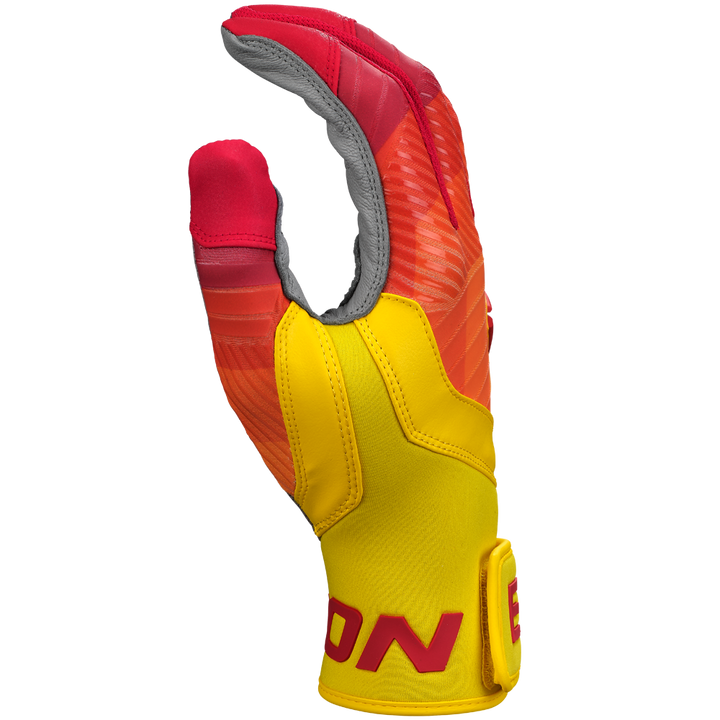 An Easton Walk Off Ethos Youth Batting Glove (WO25YBG) in yellow and red, with a textured gray palm, red fingertips, and "EON" in red on the yellow wrist strap, is shown against a plain white background. Brand: Easton.