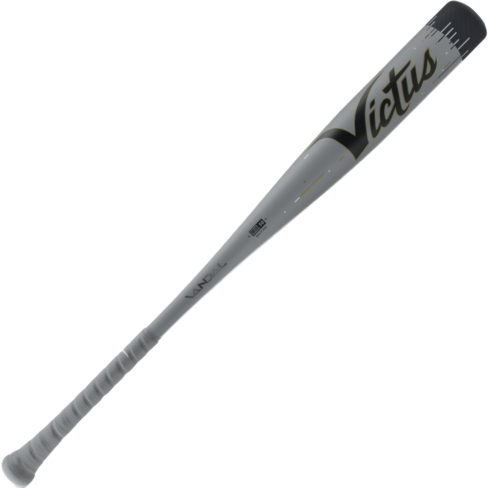 The 2024 Victus Vandal Lev3 (-3) BBCOR Baseball Bat (VCBV3, USED) by Victus features a grip-wrapped handle, gray finish with black and gold accents, and a barrel-end logoβengineered for improved swing speed.
