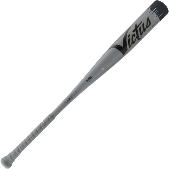 The 2024 Victus Vandal Lev3 (-3) BBCOR Baseball Bat (VCBV3, USED) by Victus features a grip-wrapped handle, gray finish with black and gold accents, and a barrel-end logoβengineered for improved swing speed.