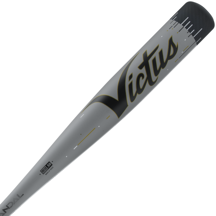 A close-up of a silver 2024 Victus Vandal Lev3 (-3) BBCOR Baseball Bat: VCBV3 (USED) with black and gold accents, showing the Victus brand name boldly on the barrelβideal for boosting your swing speed.