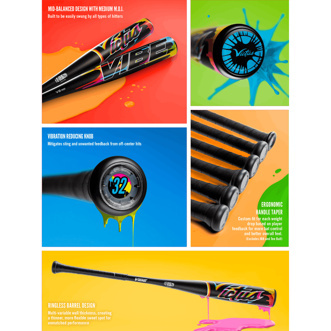 A collage highlights the 2024 Victus Vibe (-10) USA Baseball Bat: VSBVIB10USA by Victus, featuring vibrant graphics, close-ups of its ergonomic handle, vibration-reducing knob, ringless barrel, and a mid-balanced one-piece aluminum design.