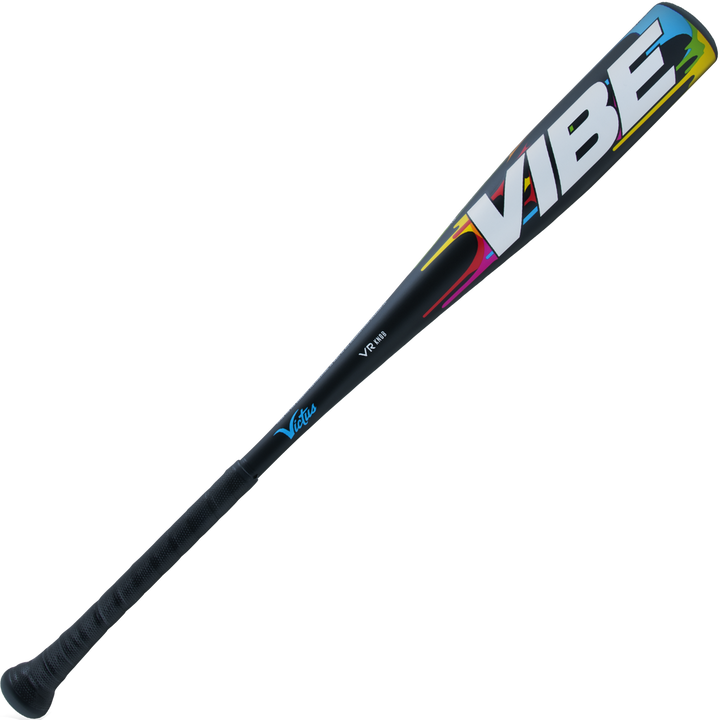 The 2024 Victus Vibe (-10) USA Baseball Bat features a one-piece black aluminum design with a vibrant barrel displaying "VIBE" in bold white letters outlined in blue, red, and yellow. The handle is wrapped for grip and has a vibration-reducing knob.
