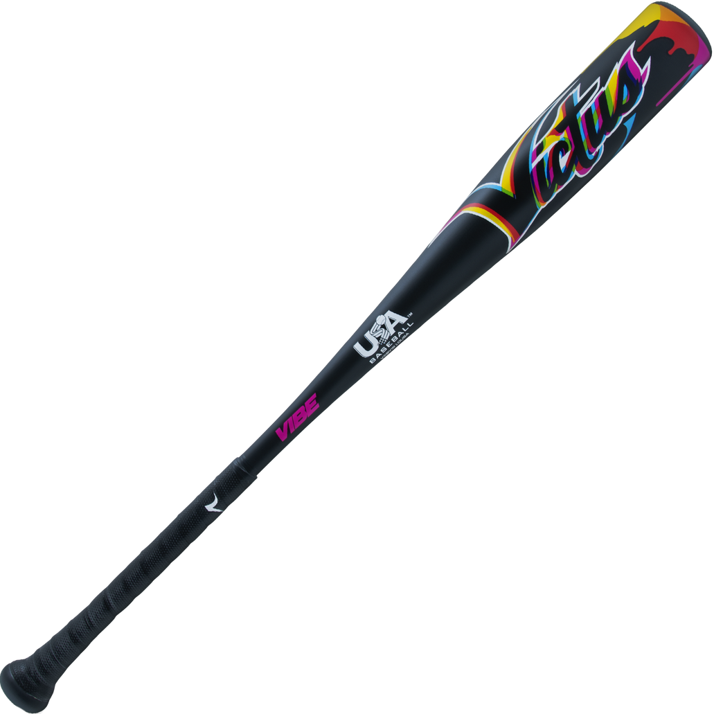 The 2024 Victus Vibe (-10) 2 5/8" USA Baseball Bat by Victus is a black, one-piece aluminum bat with a colorful design and a vibration-reducing knob for comfort and control.