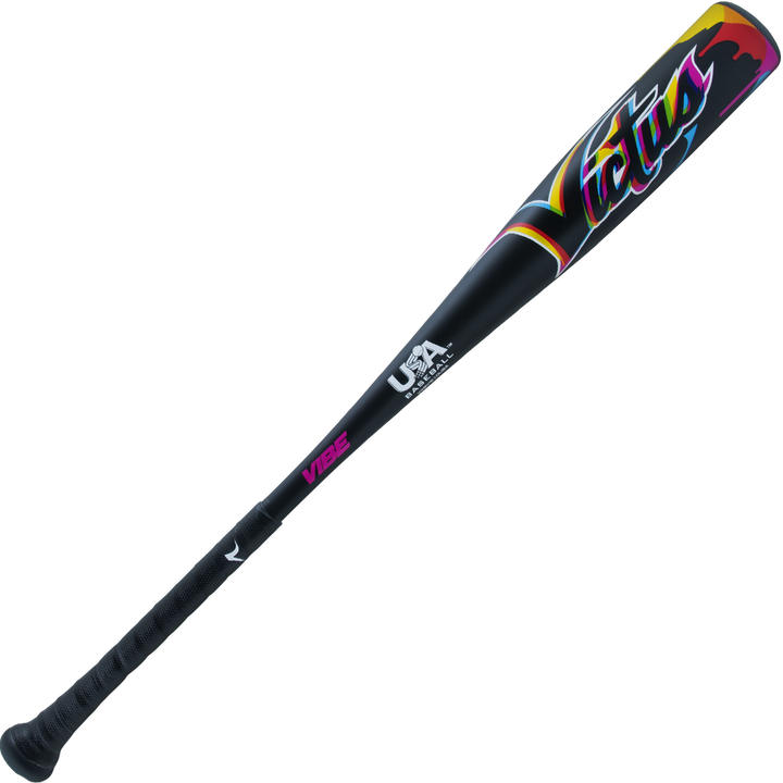 The 2024 Victus Vibe (-10) 2 5/8" USA Baseball Bat by Victus is a black, one-piece aluminum bat with a colorful design and a vibration-reducing knob for comfort and control.