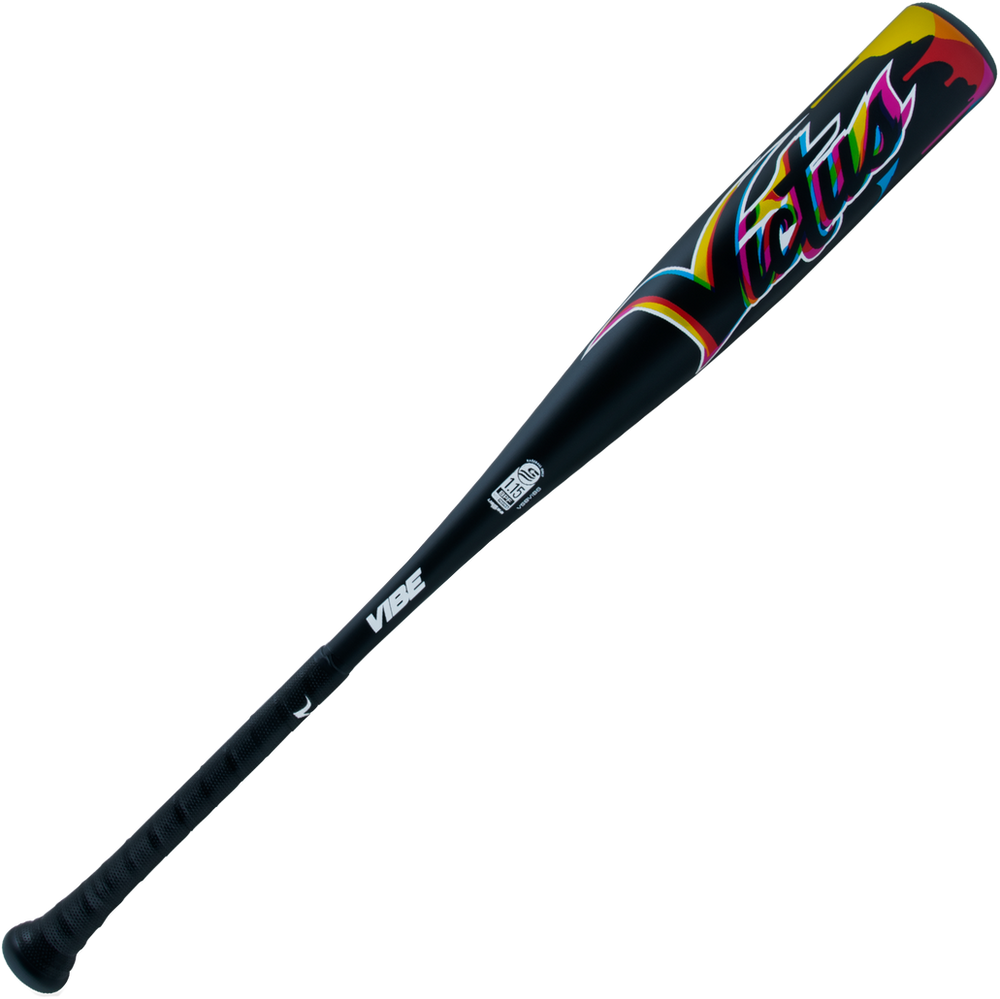The 2024 Victus Vibe (-8) USSSA Baseball Bat features a black one-piece aluminum design, textured grip, colorful "Victus" graffiti-style lettering, a vibration-reducing knob, "VIBE" in white text, and USSSA certification.