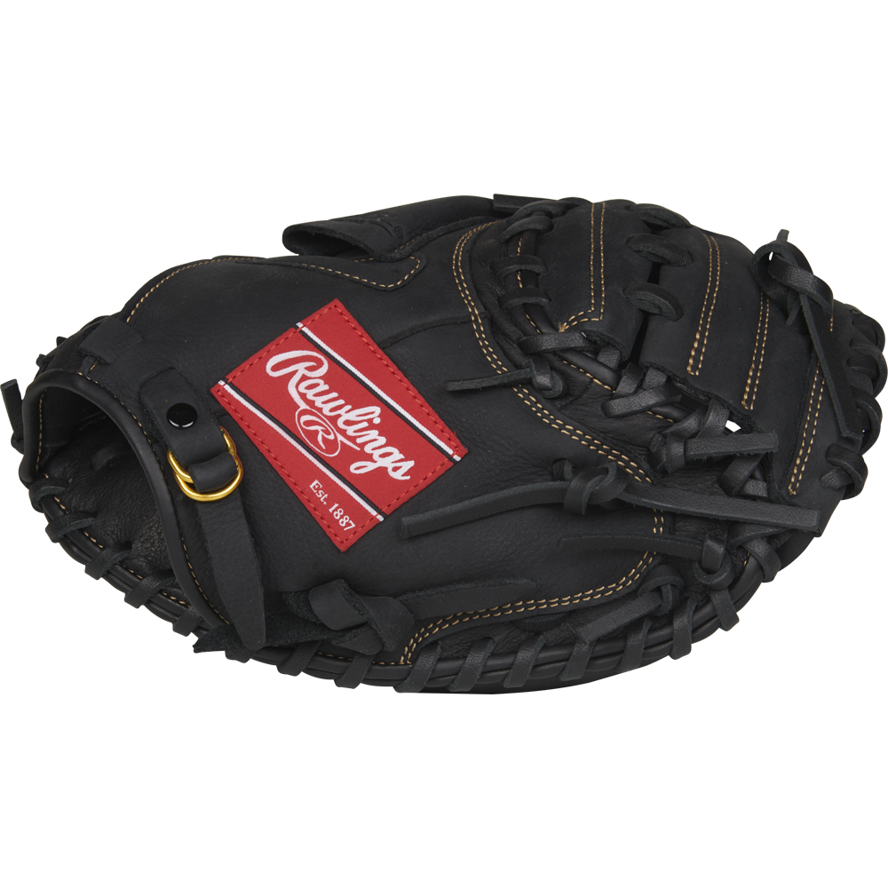 The Rawlings Renegade 31.5" Catcher's Mitt (RCM315B) features black leather with brown stitching, a red Rawlings patch, intricate lacing, and a closed web—perfect for players seeking reliable game-ready performance.