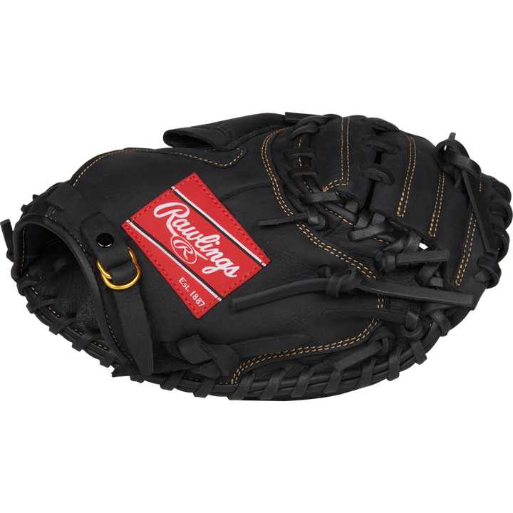 The Rawlings Renegade 31.5" Catcher's Mitt (RCM315B) features black leather with brown stitching, a red Rawlings patch, intricate lacing, and a closed web—perfect for players seeking reliable game-ready performance.
