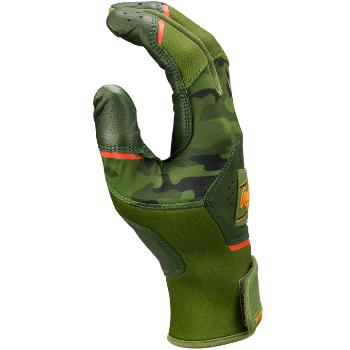 The Rawlings Workhorse Adult Batting Glove (WH25BG) by Rawlings features a green camouflage pattern with orange accents, a Velcro wrist strap, Oitac leather for durability, and is shown from the back with slightly curled fingers.