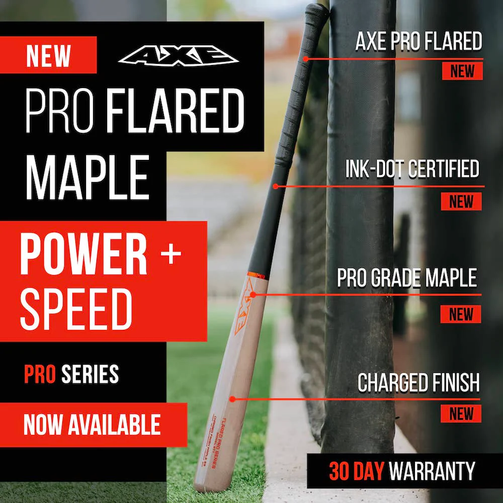 The AXE Flared Pro Series Maple Wood Baseball Bat: L124K-FLR features a pro flared handle, ink-dot certified maple, charged finish, and 30-day warranty—now available from AXE. Shown here leaning against a fence on the field.