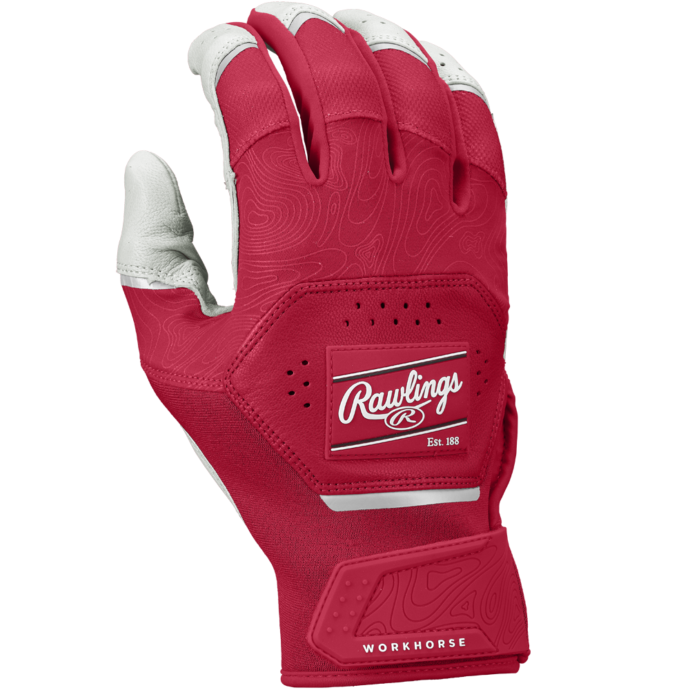 A pair of Rawlings Workhorse Adult Batting Gloves (WH25BG) in red and gray, featuring the Rawlings logo on the back, is shown palm down.