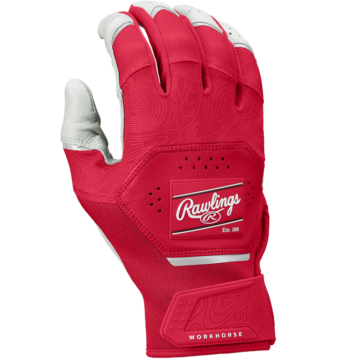 A pair of Rawlings Workhorse Adult Batting Gloves (WH25BG) in red and gray, featuring the Rawlings logo on the back, is shown palm down.