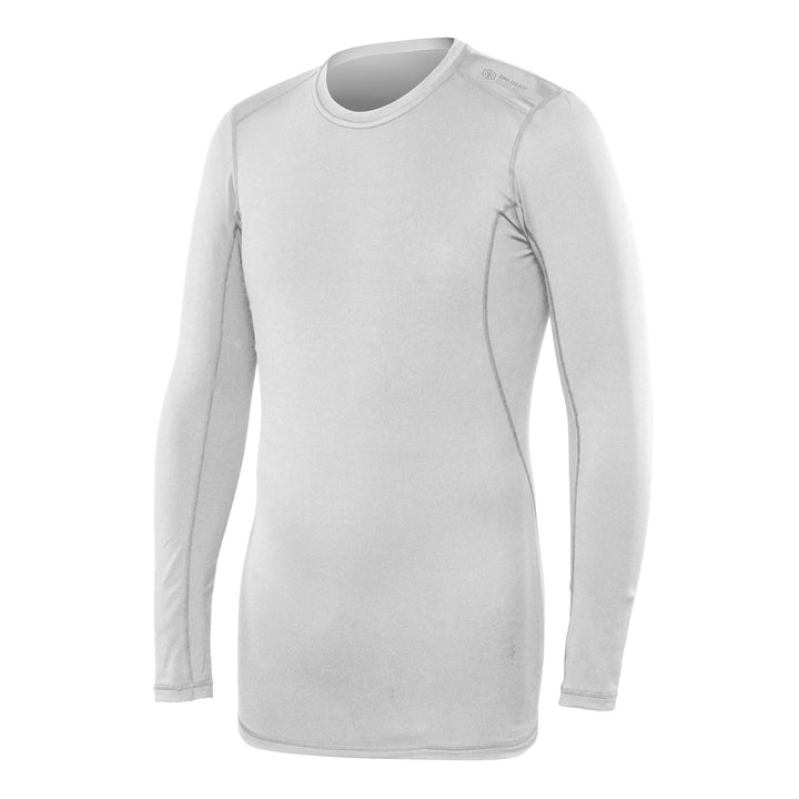 The Champro Cold Weather Compression Long Sleeve Crewneck (CWCJ1) by Champro Sports is a white shirt made with heavyweight brushed fabric for a soft feel and added durability.