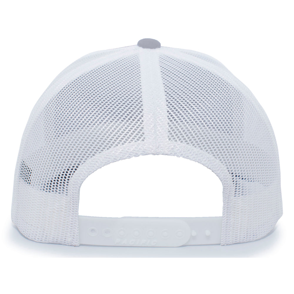 The image shows the back of the Pacific Headwear NSA Flag Series Heather Snapback Hat (104S-HEWH), featuring a white mesh design and an adjustable snapback closure.