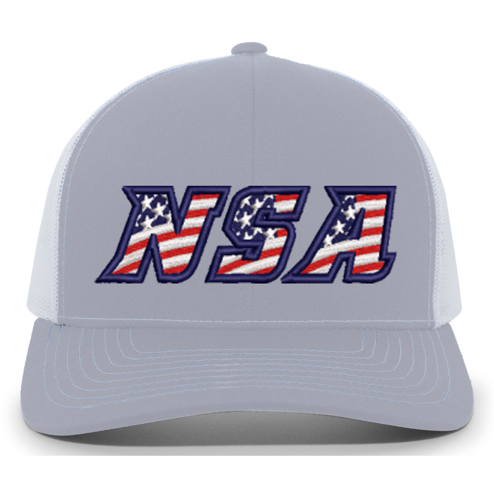 The NSA Flag Series Heather Snapback Hat (104S-HEWH) by Pacific Headwear is a light gray and white cap featuring "NSA" embroidered in bold with an American flag pattern on the front.
