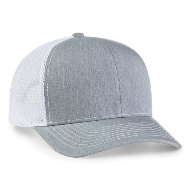 The NSA Flag Series Heather Snapback Hat (104S-HEWH) by Pacific Headwear features gray front panels, white mesh back, and a curved brim—ideal for National Softball Association fans and players.