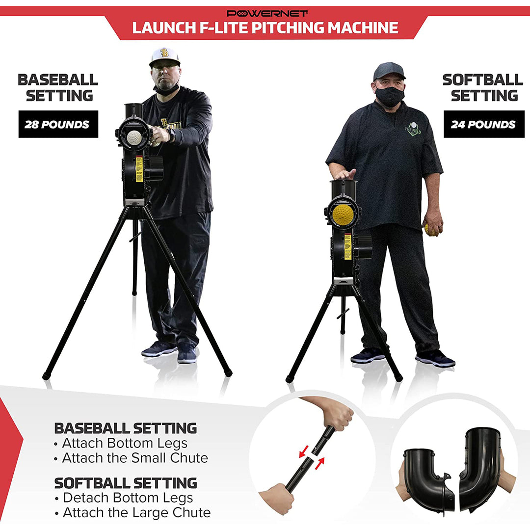 Two men demonstrate the PowerNet Launch F-Lite Portable Pitching Machine (1194) on tripods—left: baseball, 28 lbs; right: softball, 24 lbs. Insets show attaching/detaching legs and chute for both training modes. Brand: PowerNet.