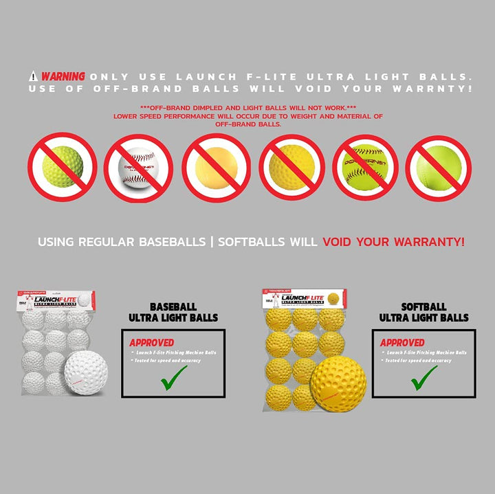 Instructional graphic for PowerNet Launch F-Lite Portable Pitching Machine: 1194. Warning: use only PowerNet Launch F-Lite balls. Shows five off-brand balls not allowed and two approved balls—a white baseball and yellow softball with packaging.