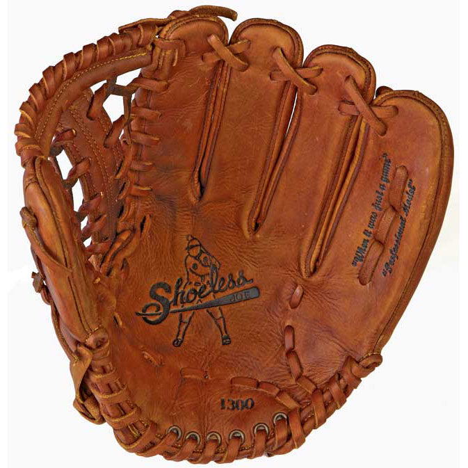 The Shoeless Joe 13" Baseball Glove: 1300MT features visible stitching, laces, and the brand logo on tan leather. This open outfielder's glove is ideal for baseball players seeking quality performance and style.