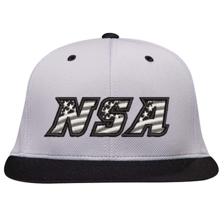 The Pacific Headwear NSA Flag Series Silver Black Flex Fit Hat (ES342-SLBK) features a gray crown, black brim, bold NSA letters with star-and-stripe pattern in black, white, and gray, and offers all-day comfort with Premium P-TEC Performance Flexfit.
