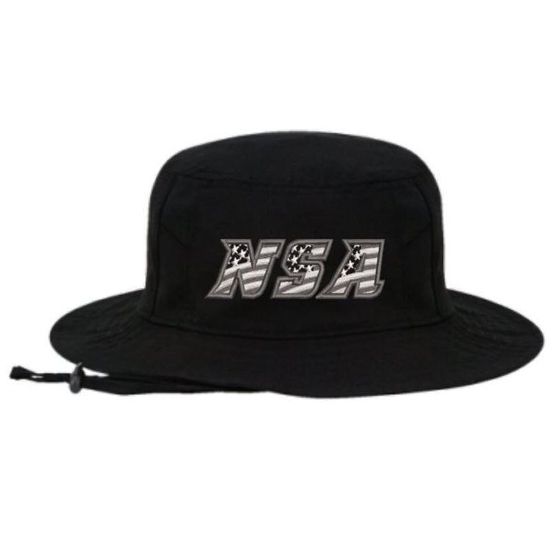 The Pacific Headwear NSA Flag Series Bucket Hat: 1944B features a bold, American flag-inspired NSA logo on the front and an adjustable chin strap for comfort and stylish sun protection.