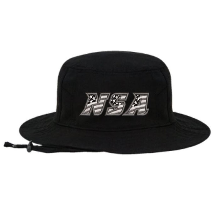 The Pacific Headwear NSA Flag Series Bucket Hat: 1944B features a bold, American flag-inspired NSA logo on the front and an adjustable chin strap for comfort and stylish sun protection.