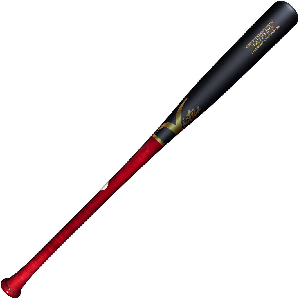 The Victus TATIS23 Fernando Tatis Pro Reserve Maple Wood Bat (VRWMFT23) is end-loaded with a red handle, black barrel, and gold and white accents near the top.