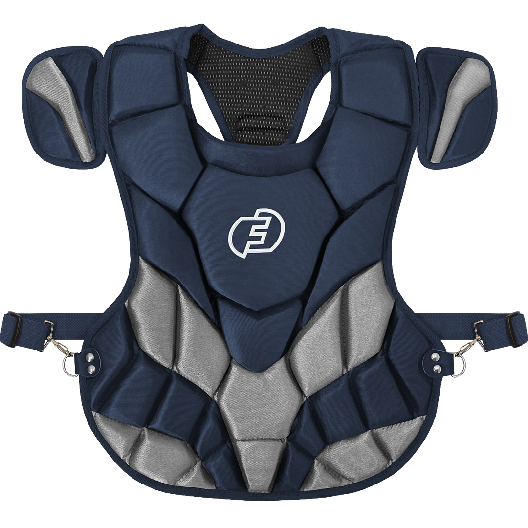 The Force3 NOCSAE Certified Catcher's Chest Protector with DuPont Kevlar (BC11) offers superior safety and comfort in blue and grey.