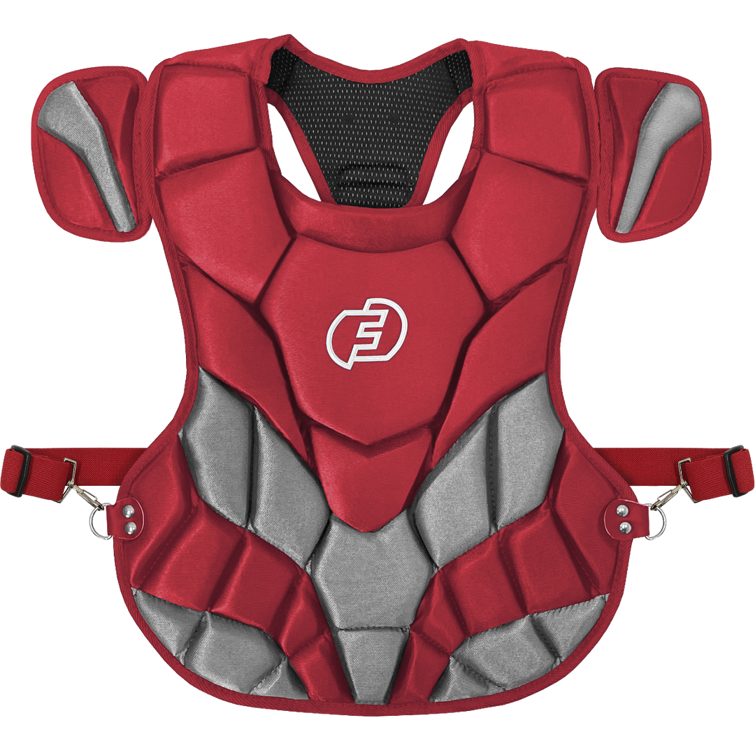 The Force3 NOCSAE Certified Catcher's Chest Protector with DuPont Kevlar: BC11 is a red and gray chest protector with shoulder pads, adjustable straps, a white stylized E logo, and meets NOCSAE safety standards.