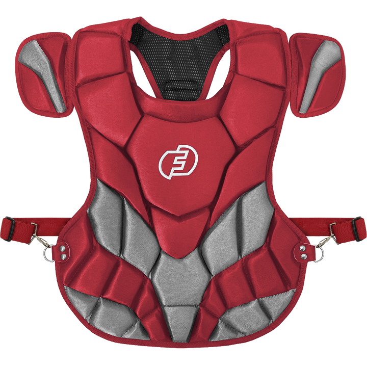 The Force3 NOCSAE Certified Catcher's Chest Protector with DuPont Kevlar: BC11 is a red and gray chest protector with shoulder pads, adjustable straps, a white stylized E logo, and meets NOCSAE safety standards.