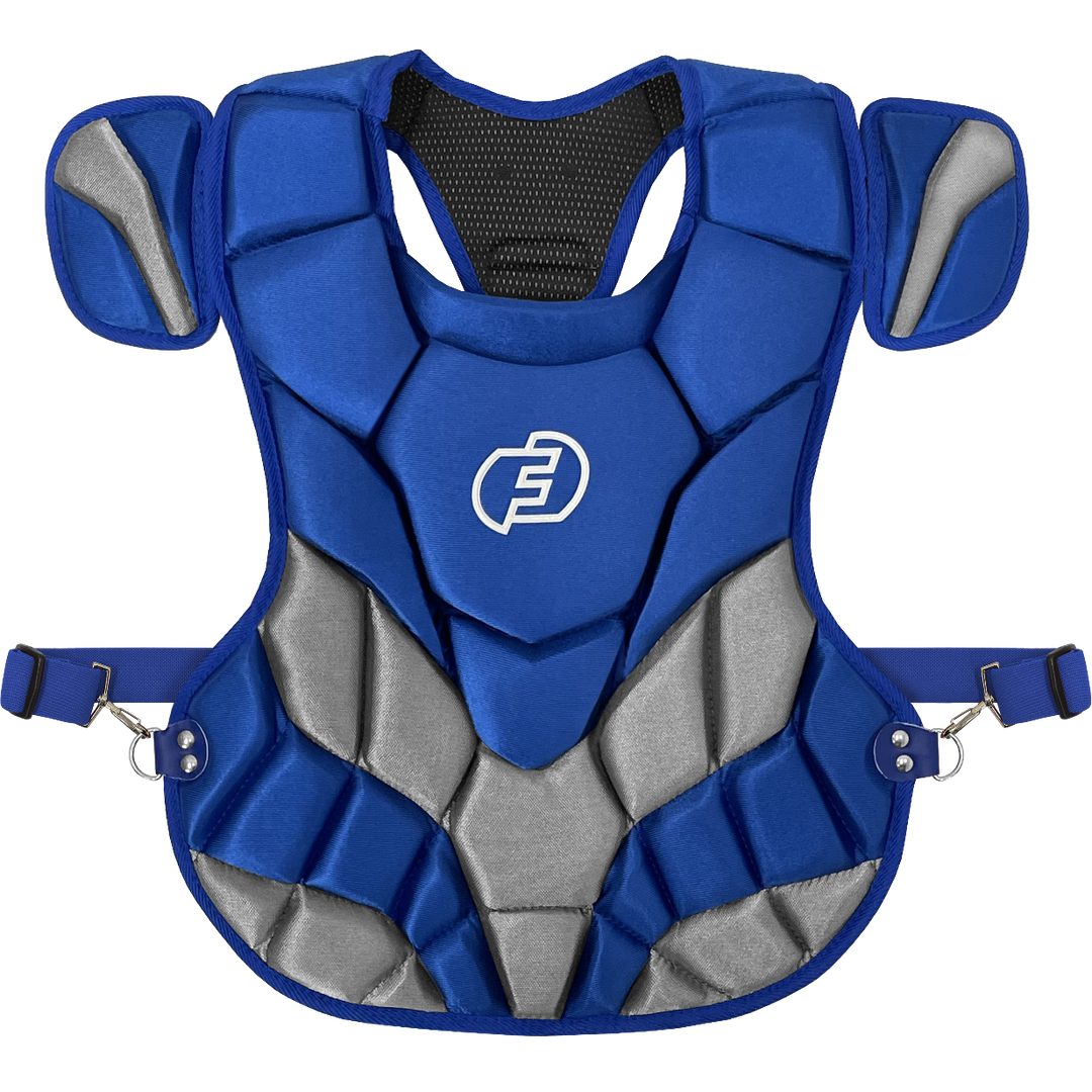 The Force3 NOCSAE Certified Catcher's Chest Protector with DuPont Kevlar (BC11) offers maximum safety and comfort in blue and grey.