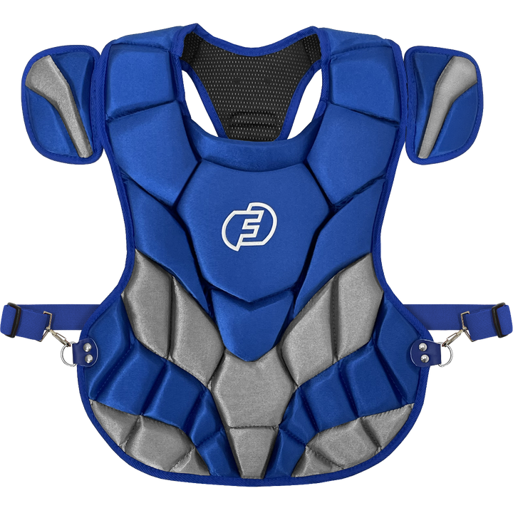 The Force3 NOCSAE Certified Catcher's Chest Protector with DuPont Kevlar (BC11) offers maximum safety and comfort in blue and grey.