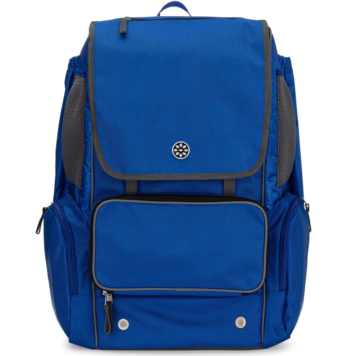The Rip It Softball Tournament 2 Backpack (2TOURN) by Rip It is a blue, customizable gear bag with a large front flap, circular logo, zippered pocket, mesh side pockets, black trim, and vent holes for great ventilation.