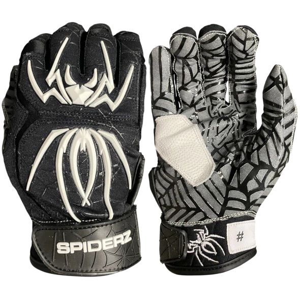 The Spiderz HYBRID Adult Batting Gloves feature black and gray colors, a white spider logo on the back, web-patterned palm for maximum grip, white grip patch, and Spiderz branding on the wrist strap.
