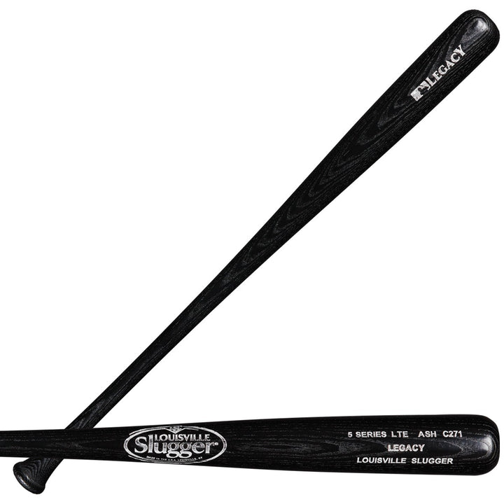 Two black wooden Louisville Slugger Series 5 Legacy LTE Ash C271 bats, crossed at the handles. One displays the Legacy LTE logo and white product details, showcasing this lightweight bat's classic design from Louisville Slugger.
