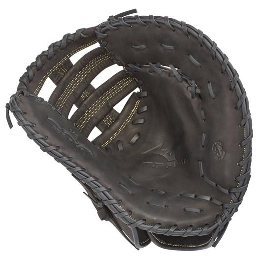 A black Mizuno MVP Prime 13" Fastpitch First Base Mitt (GXF50FP) made of Bio Soft Leather, shown open and facing up to highlight visible stitching, webbing, and the detailed pocket and interior.