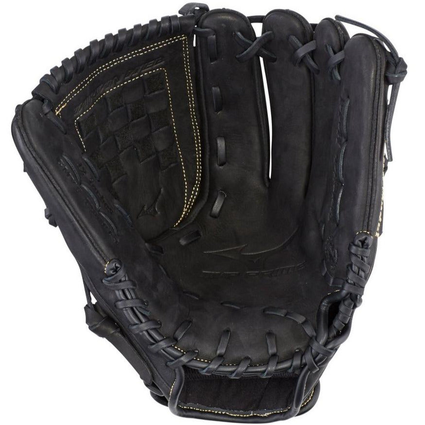 A close-up of an open Mizuno MVP Prime 12" Fastpitch Glove (GMVP1200PF3) highlights its black Bio Soft Leather construction, visible stitching, laces, palm side, and intricate webbing.